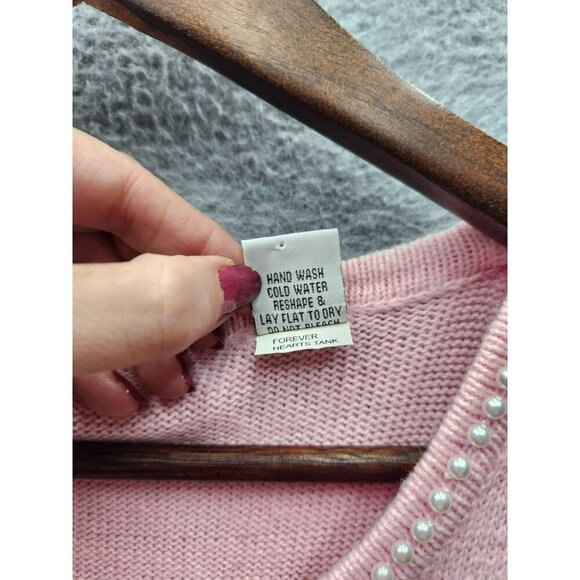 Pink Sleeveless Knit Tank Top W/ Pearl Accents & Heart Design  M - Picture 3 of 5